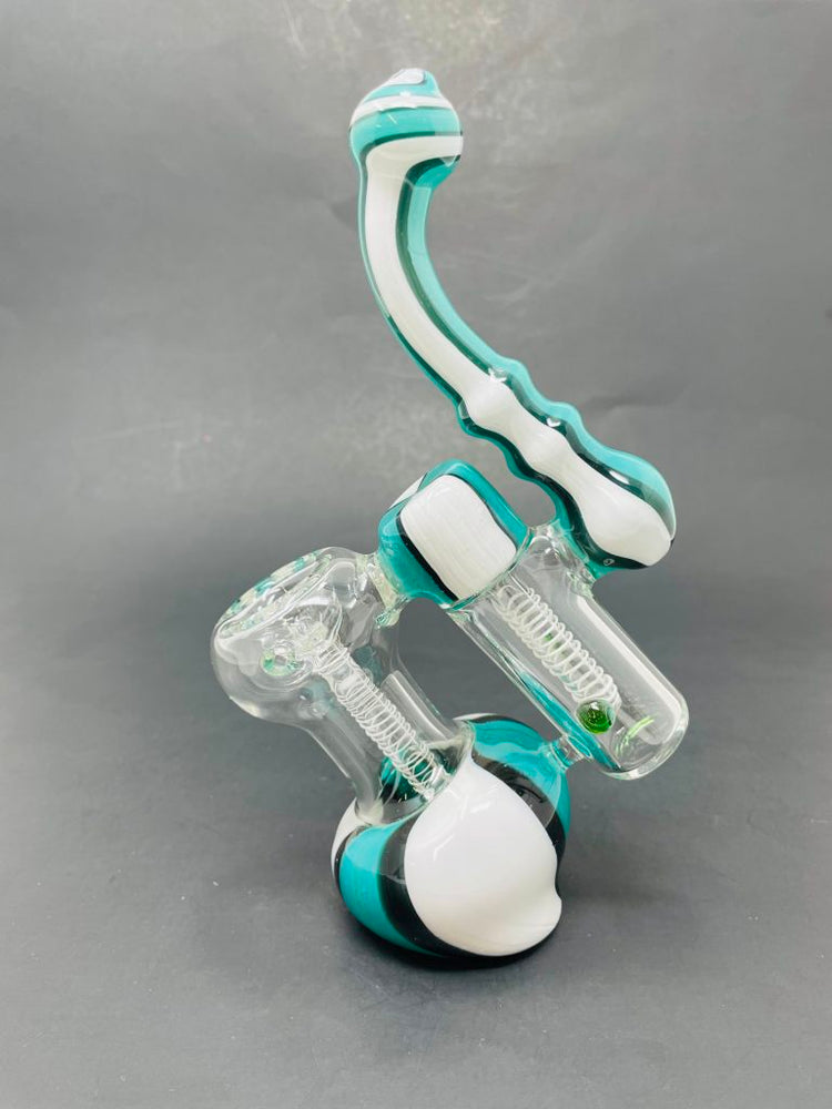 7" Aqua & White Double Chamber Bubbler