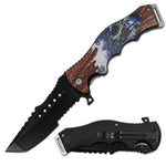 4.5" Wood Wild Life Wolf Assist-Open Folding Knife