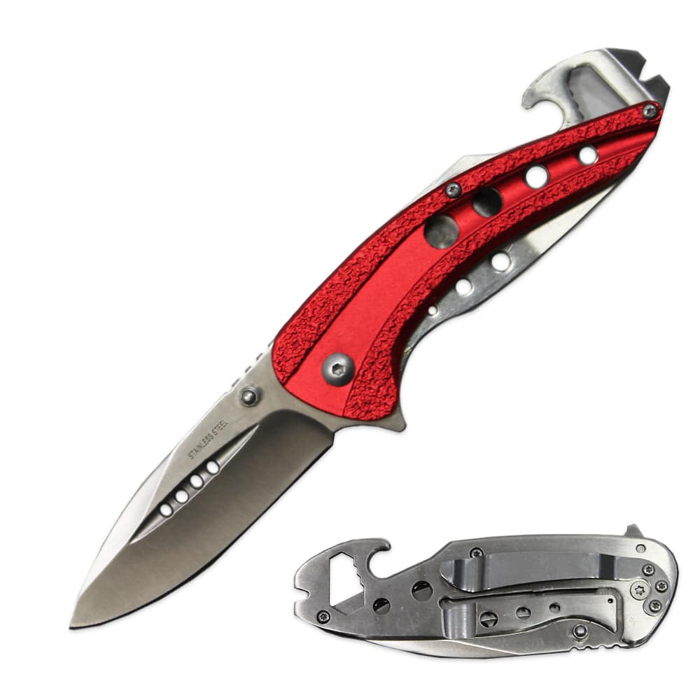 4.25 Inch Red Metal Handle Assist-Open Folding Knife W/ belt clip