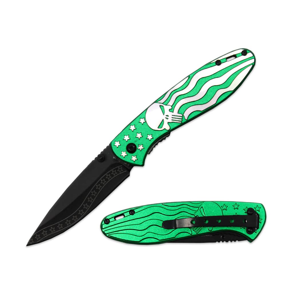 4.25" Green Skull Folding Knife with Belt Clip