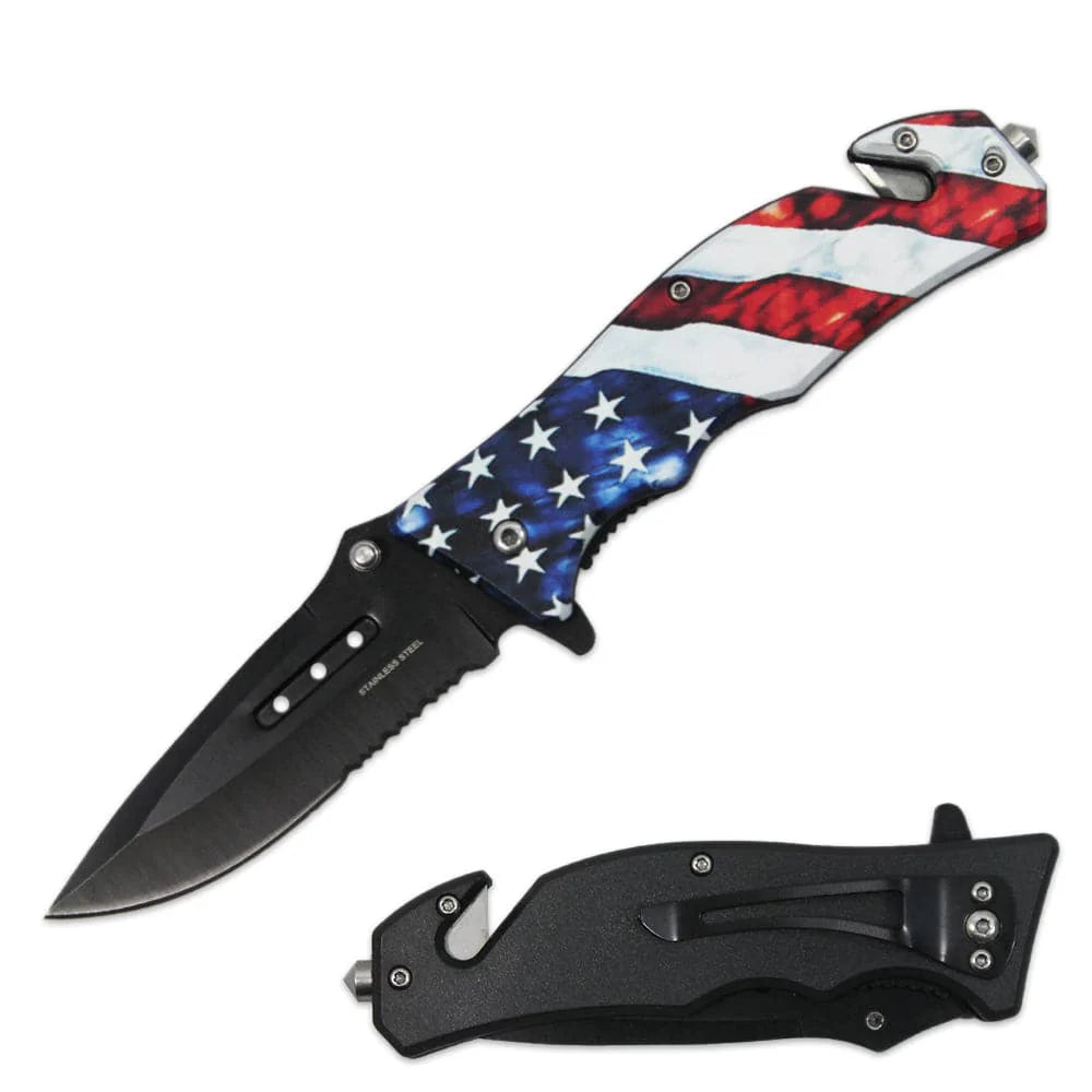 4.5" Blue USA Flag Assist-Open Tactical Rescue Folding Knife W/ Belt Clip