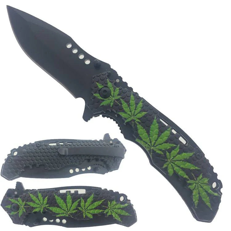 4.5" Folding Pocket Knife w/ Marijuana Leaf Honeycomb Design