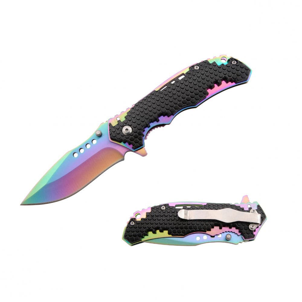 4.5" Rainbow Honeycomb Folding Knife w/ Belt Clip