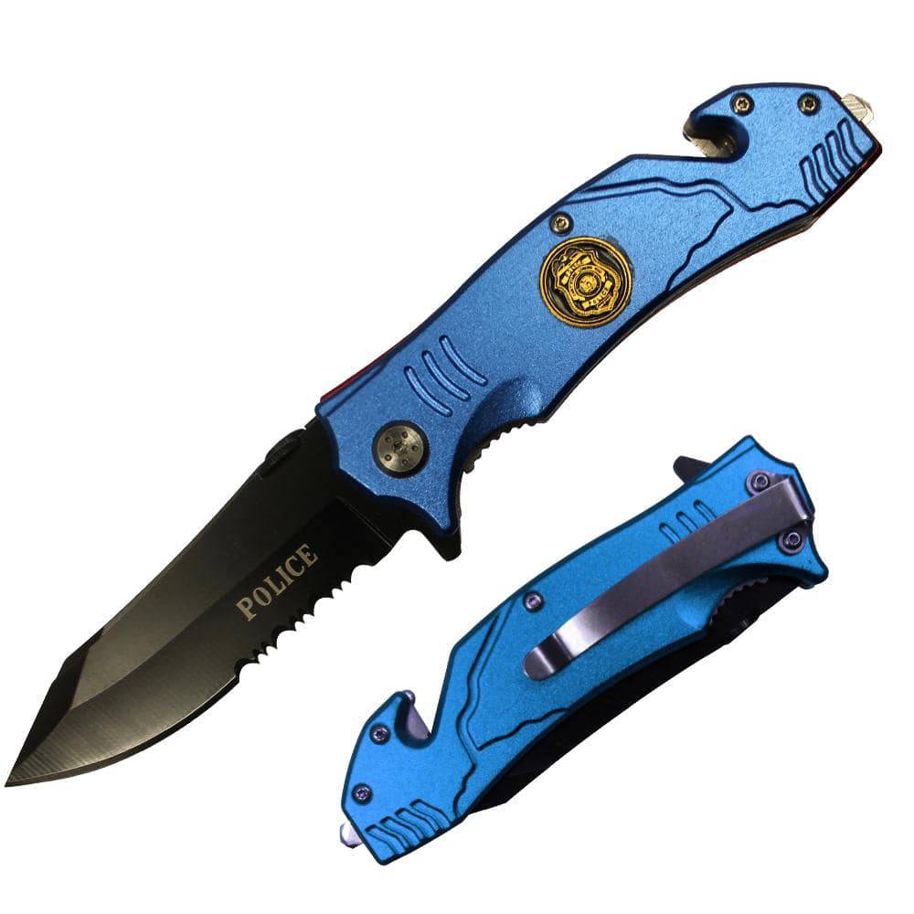 4.5" Blue Police Spring-Assisted Rescue Folding Knife